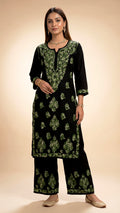 Noor-e-Rang  Premium Chikankari 2 Pc Kurta Set – Black & Olive Green