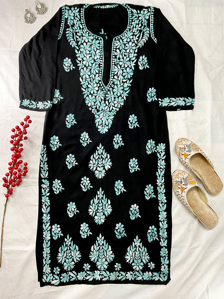 Noor-e-Rang Premium Chikankari 2 Pc Kurta Set – Black & Crimson Red