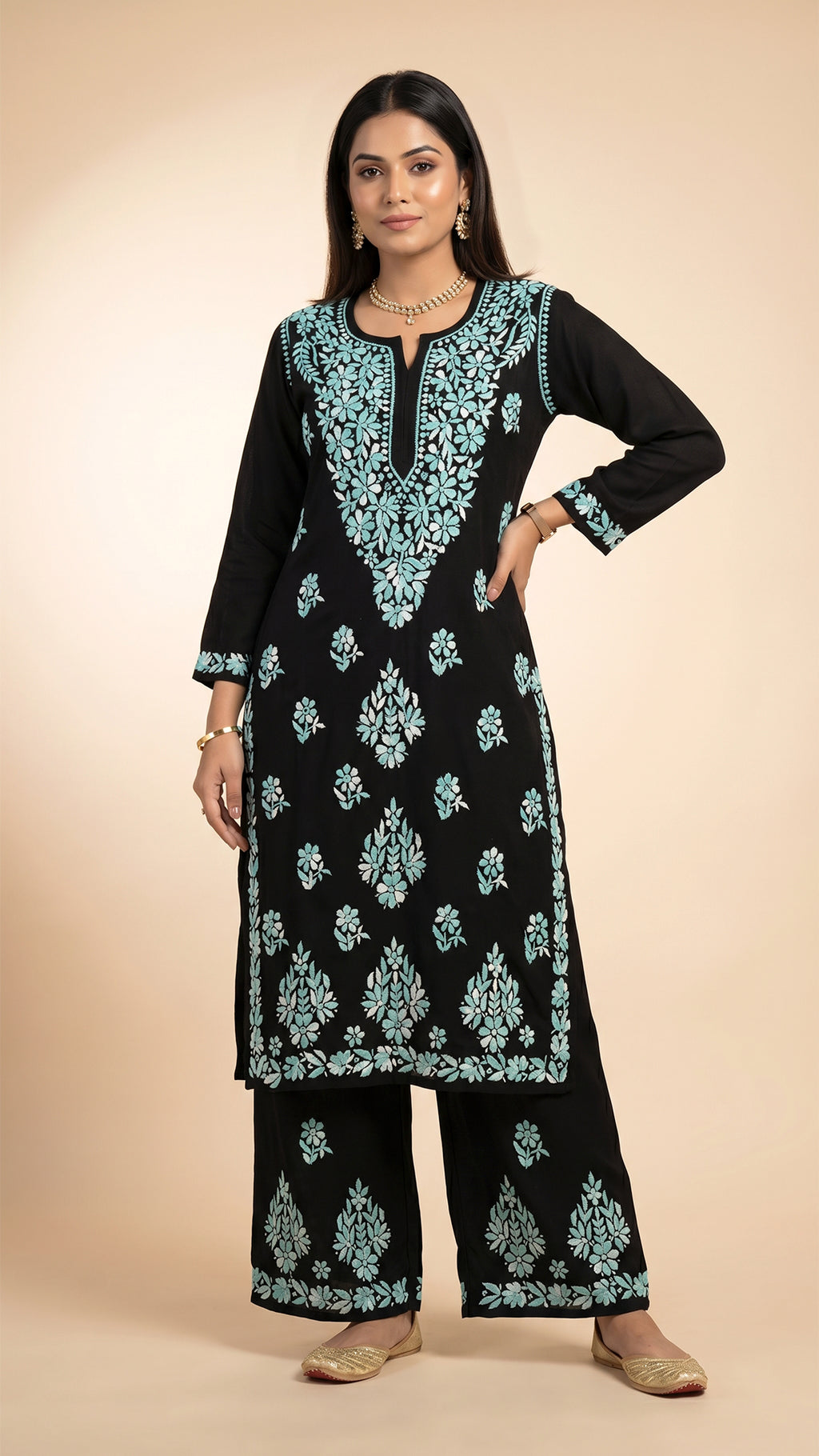 Noor-e-Rang Premium Chikankari 2 Pc Kurta Set – Black & Crimson Red