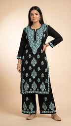 Noor-e-Rang Premium Chikankari 2 Pc Kurta Set – Black & Crimson Red