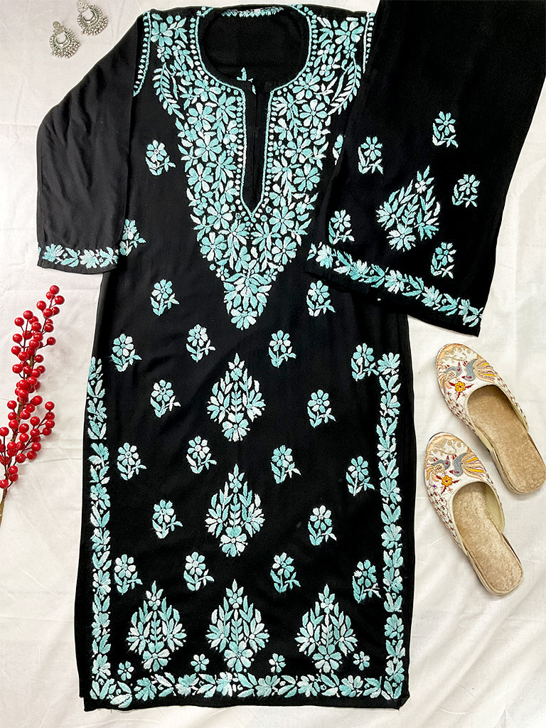 Noor-e-Rang Premium Chikankari 2 Pc Kurta Set – Black & Crimson Red