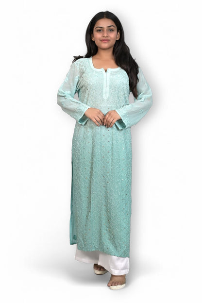 Shaded Classic Rose Pink Mukaish Viscose Kurti with Mukaish Resham Thread Jaal Work