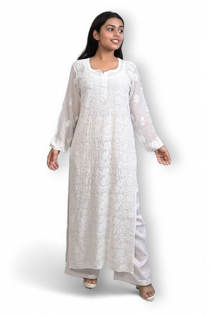 White Viscose Kurti with Resham Thread Jaal Work