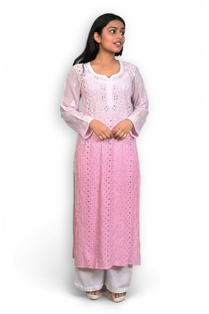 Shaded Classic Rose Pink Mukaish Viscose Kurti with Mukaish Resham Thread Jaal Work