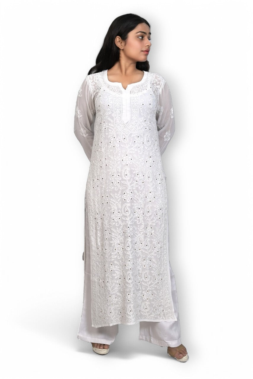 White Mukaish Viscose Kurti with Mukaish Resham Thread Jaal Work