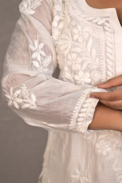 Blue Muslin Kurti with Ghas Pati Work