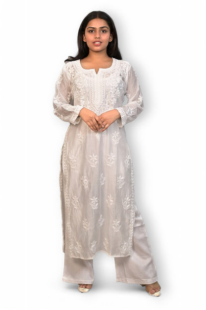 Blue Muslin Kurti with Ghas Pati Work